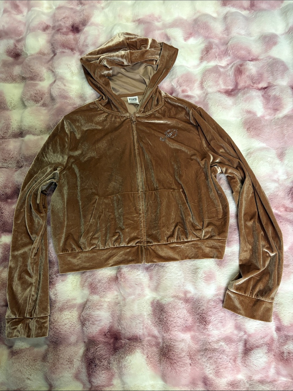 PINK Victoria's Secret Brown Velvet Hooded Zip Jacket